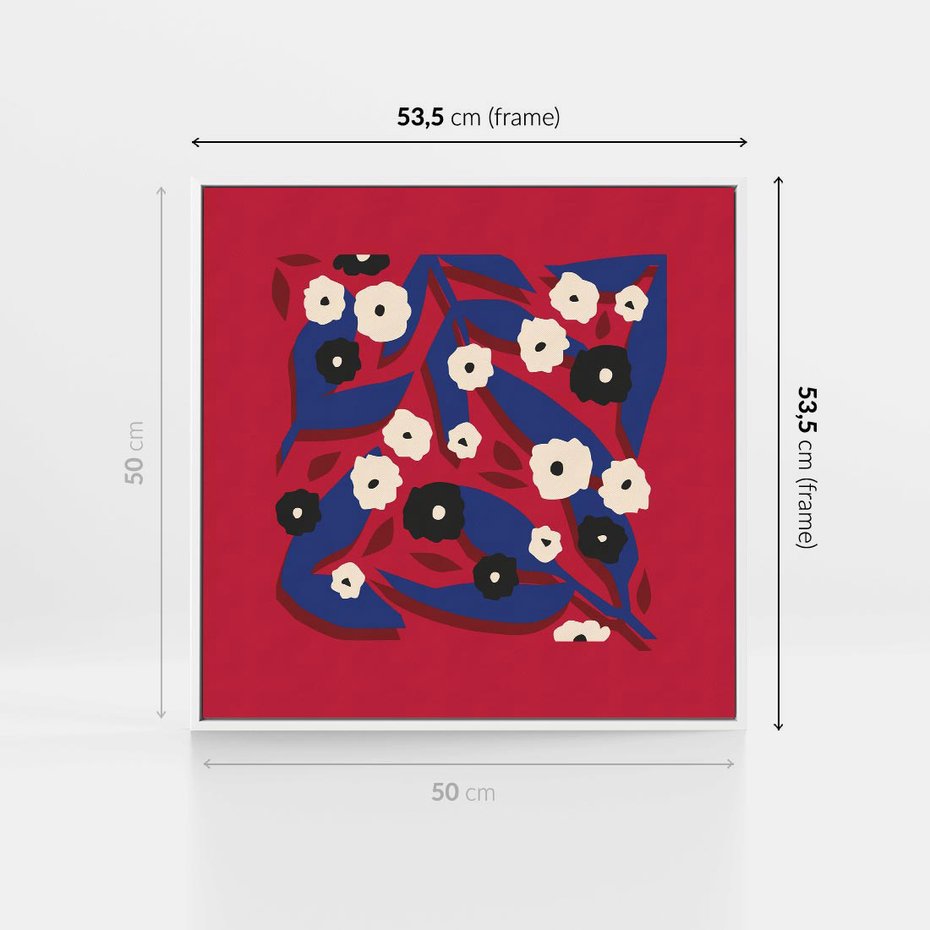Obraz w ramie 50x50 - Kolorowe Przenikanie - abstrakcyjna kwiatowa kompozycja, czerwone mocne tło - rama biała