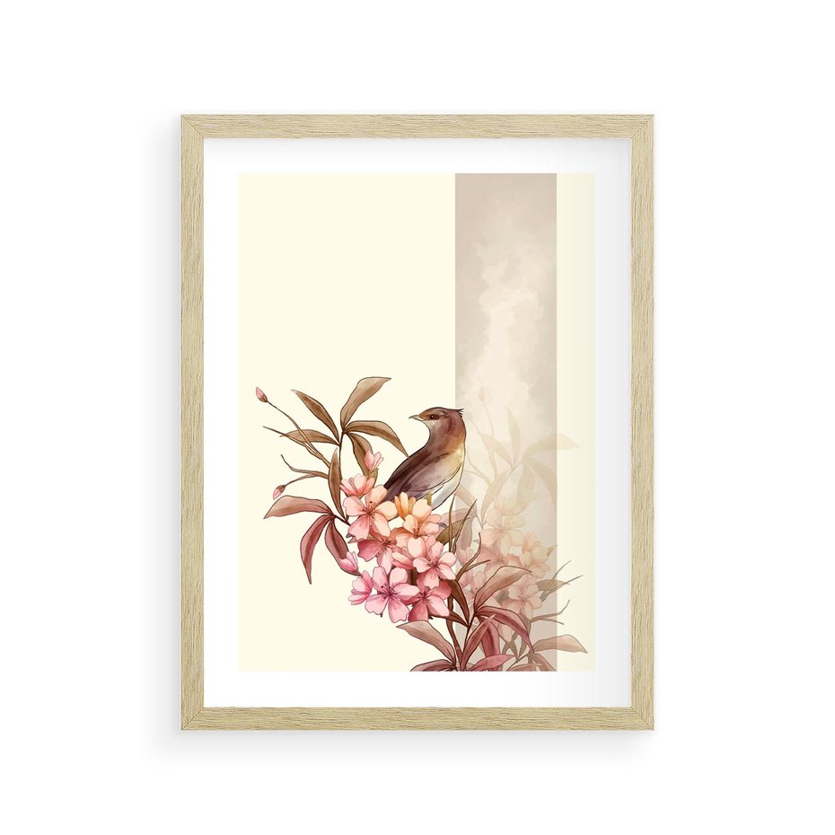 Plakat w ramie 30x40 - Kwiatowe Zanurzenie - japońska sztuka, ptak - rama drewno