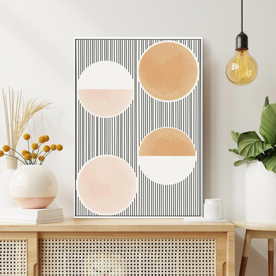 Obraz w ramie 50x70 - Przenikające Kształty - abstrkacyjna nowoczesna sztuka, koła okręgi - rama biała