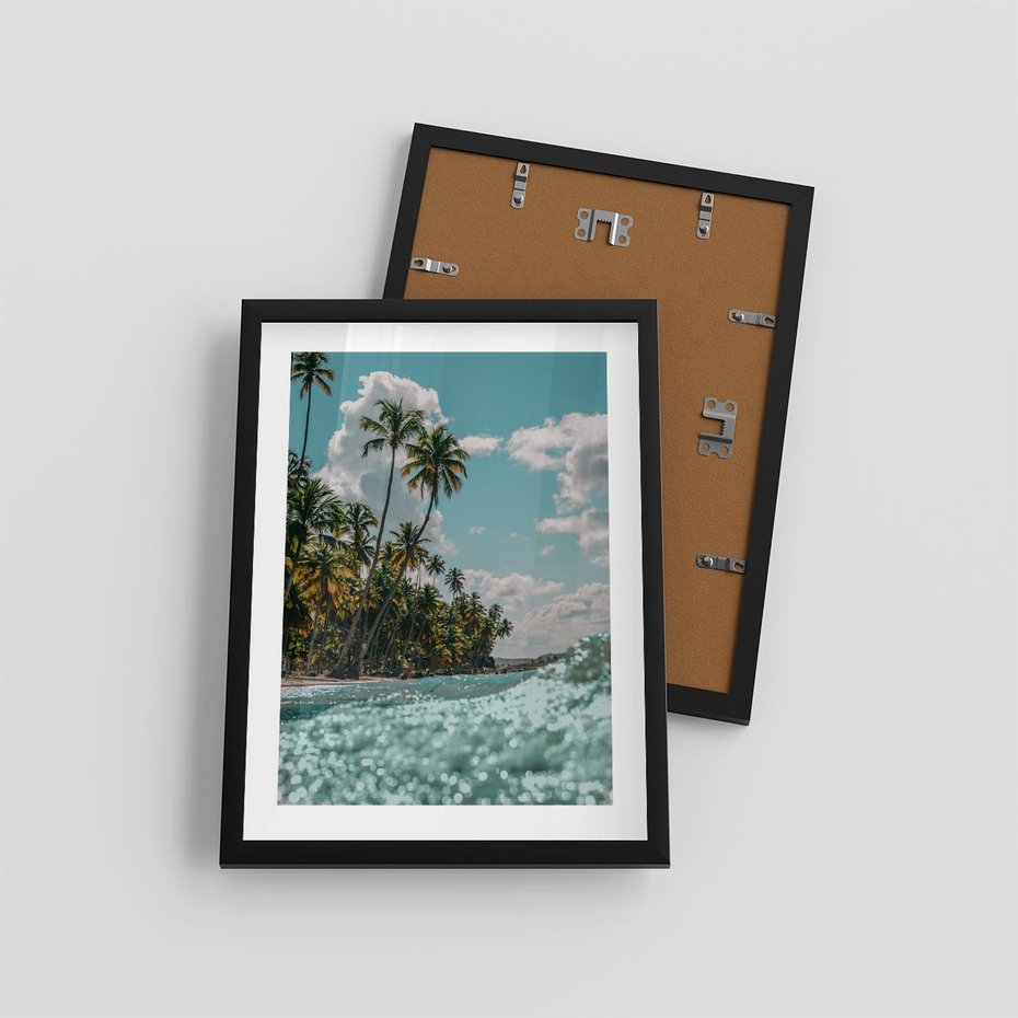 Plakat w ramie 30x40 - Rajskie Wakacje - plaża, palmy - rama czarna