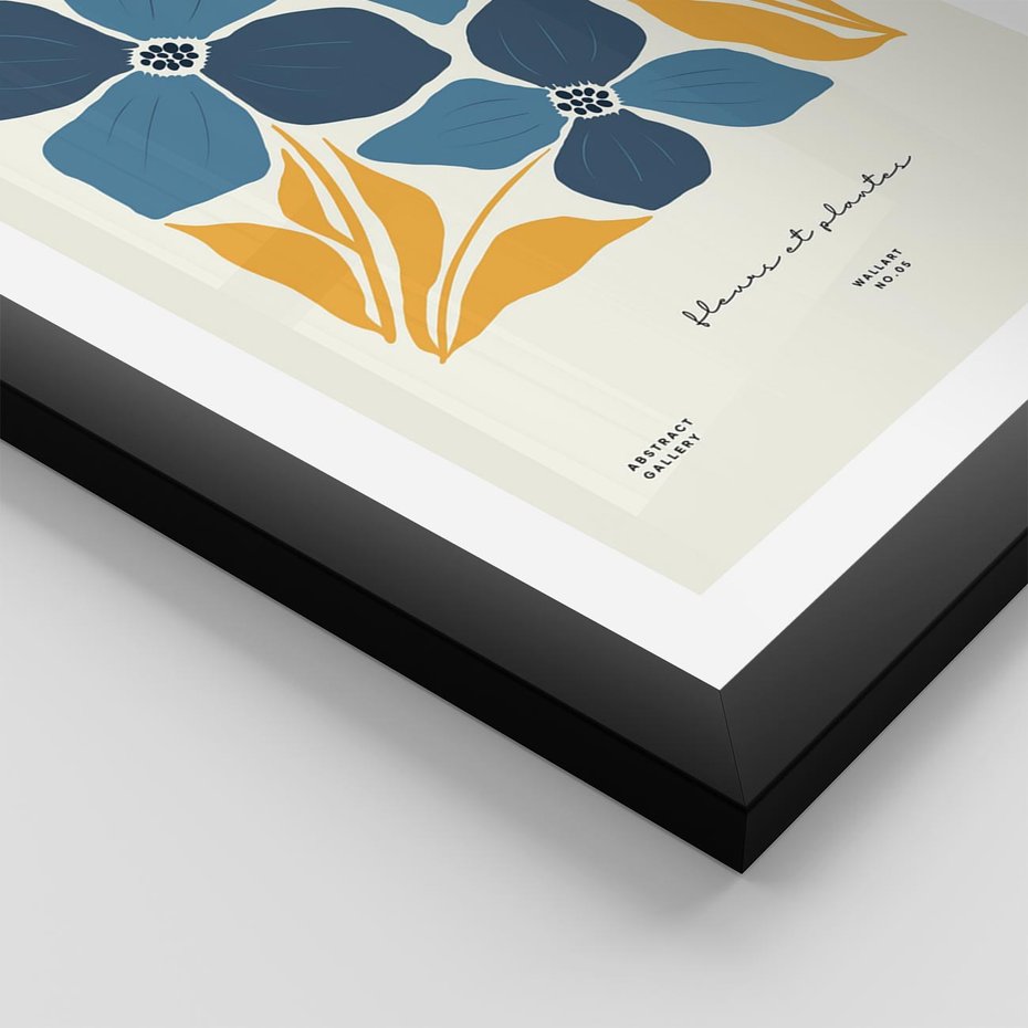 Plakat w ramie 30x40 - Błękitne Nowości - niebieskie kwiaty, nowoczesna sztuka - rama czarna