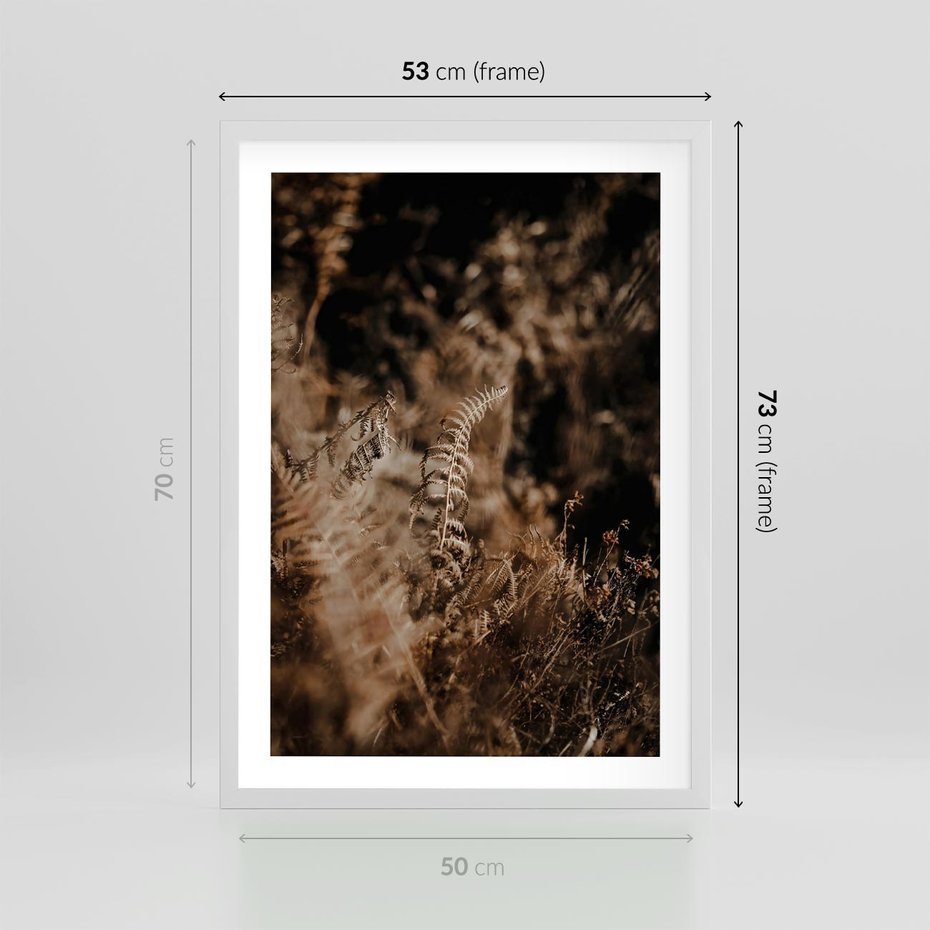 Plakat w ramie 50x70 - Delikatne Detale - paprocie, brąz - rama biała