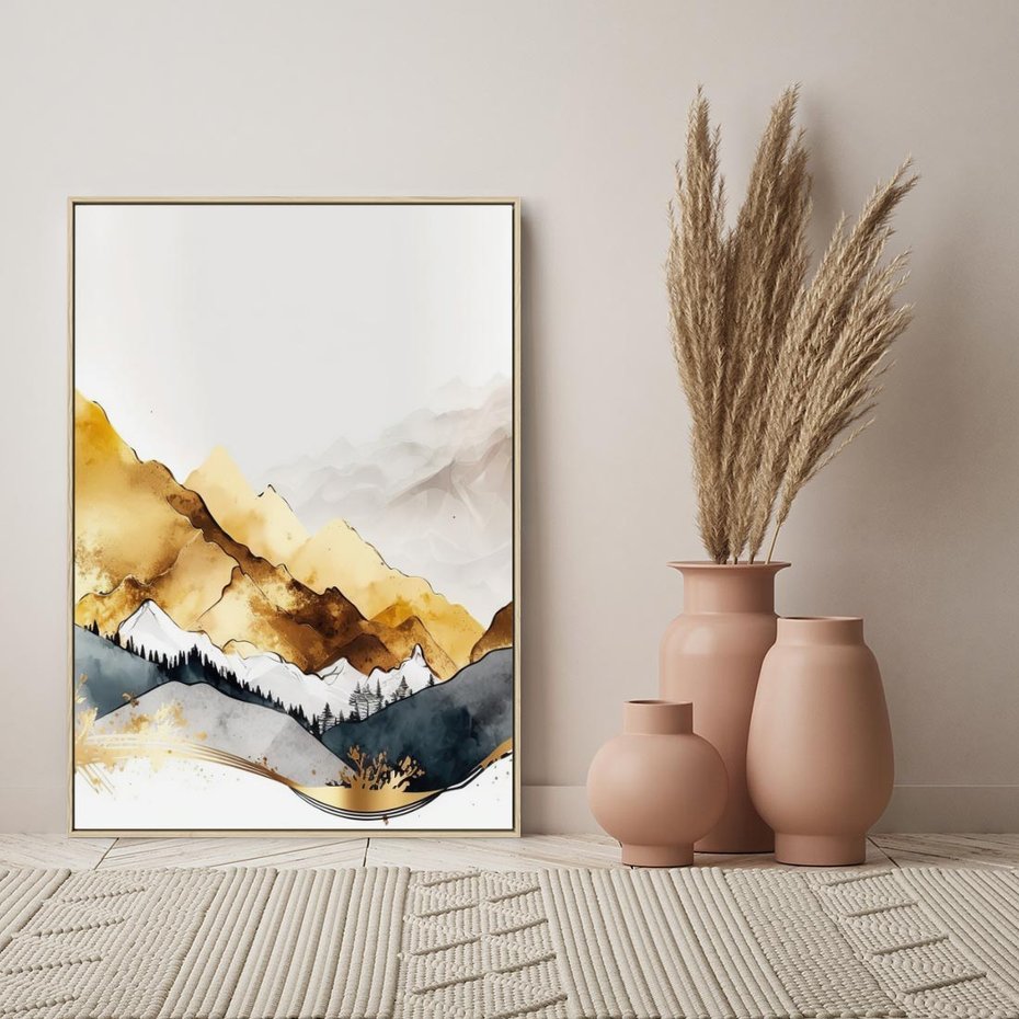 Obraz w ramie 80x120 - Złote Góry - akwarela, graficzne góry - rama drewno