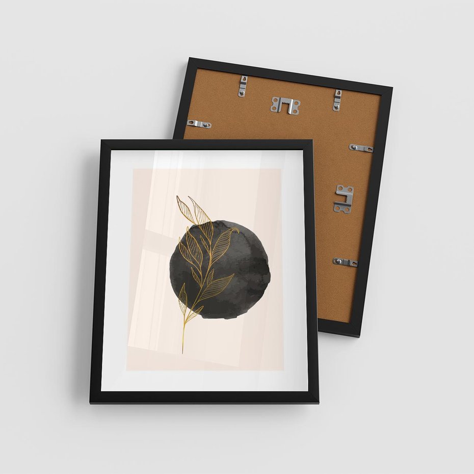 Plakat w ramie 40x50 - Złota Gałązka na Tle Akwarelowej Ciemności - złota gałązka, czarna plama akwarelowa w tle - rama czarna
