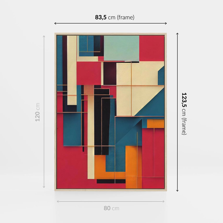 Obraz w ramie 80x120 - Przejście przez labirynt myśli - kolorowa abstrakcja, instalacja z prostokątów i lini - rama drewno