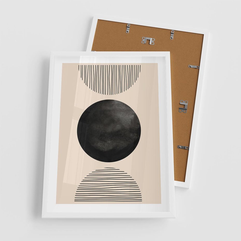 Plakat w ramie 50x70 - Minimalizm w Kształtach - geometryczny graficzny obraz, czarne koło - rama biała