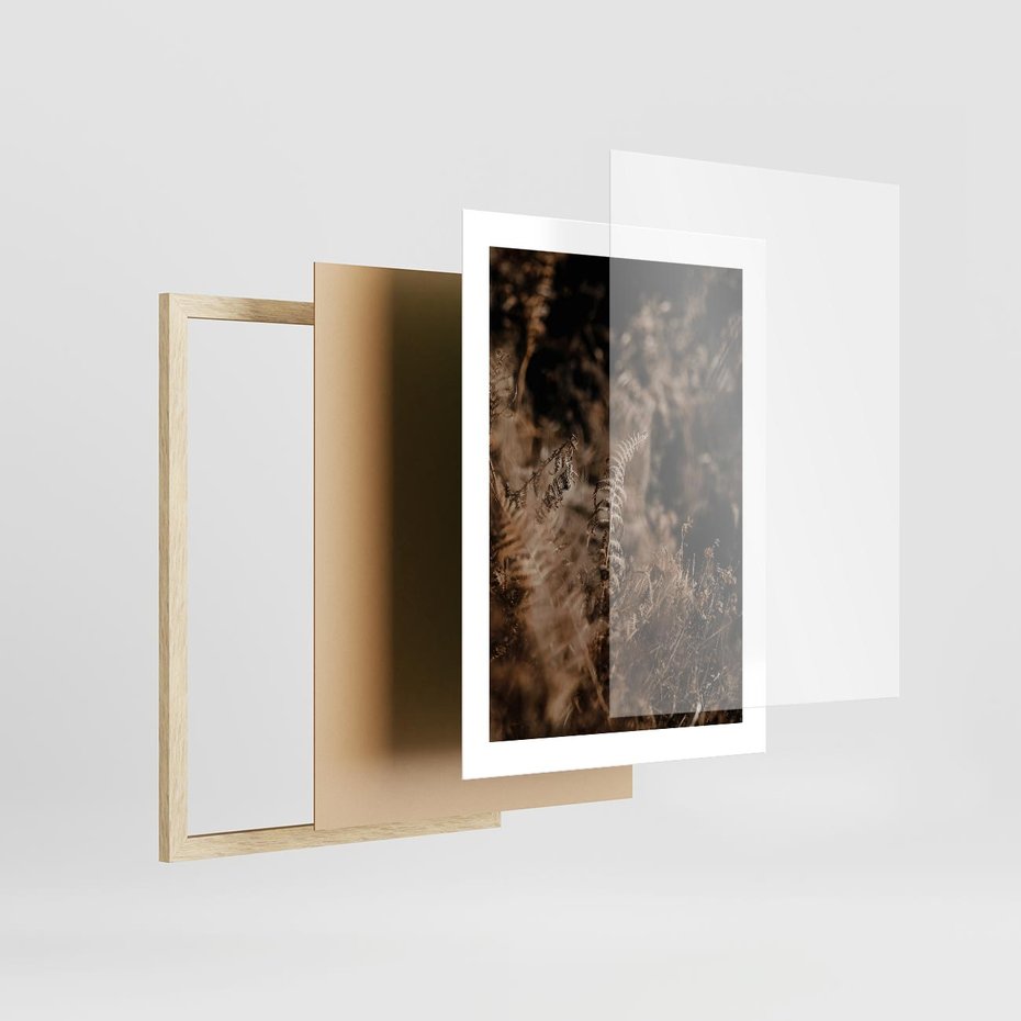 Plakat w ramie 30x40 - Delikatne Detale - paprocie, brąz - rama drewno