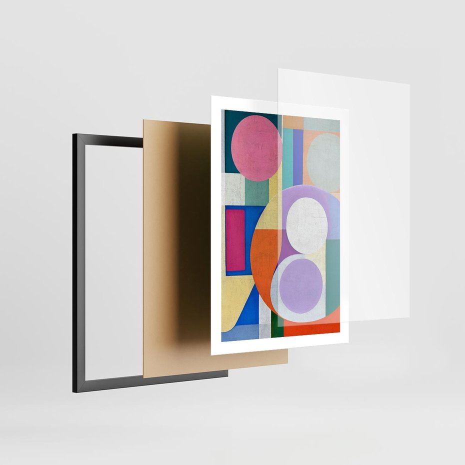 Plakat w ramie 50x70 - Migotliwe Impulsy Dźwięku - różne geometryczne formy, koła - rama czarna