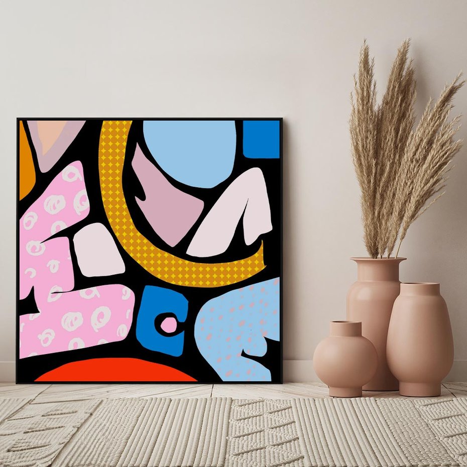 Obraz w ramie 50x50 - Kolory Komiksu - abstrakcyjne formy, komiksowy styl - rama czarna