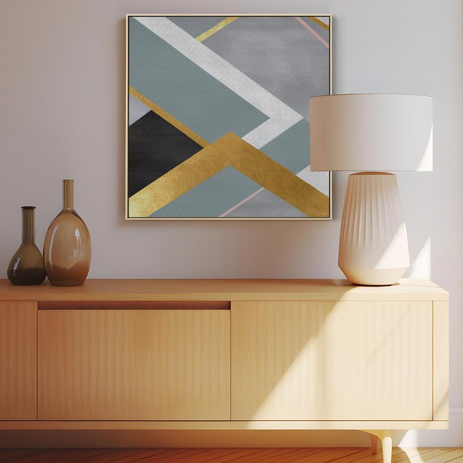 Obraz w ramie 50x50 - Geometryczne Elementy - geometryczne kształty, elementy złota - rama drewno