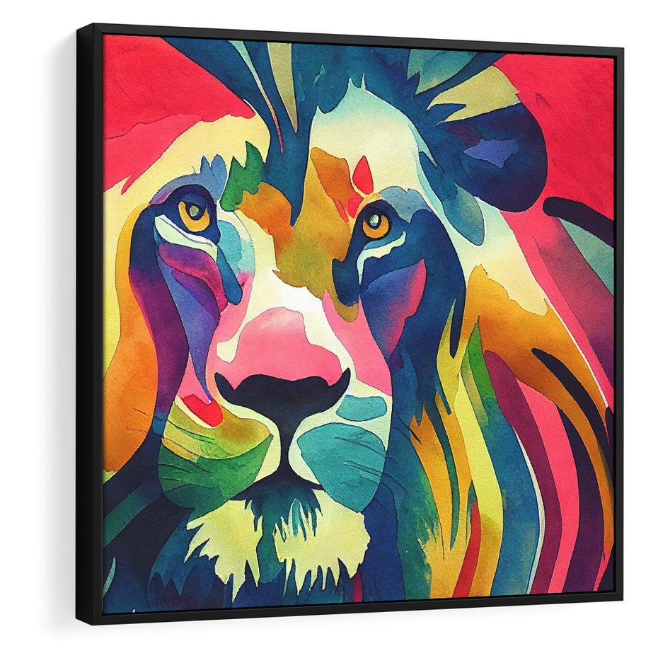 Obraz w ramie 50x50 - Tęczowy Lew - akwarela, tęczowy lew - rama czarna