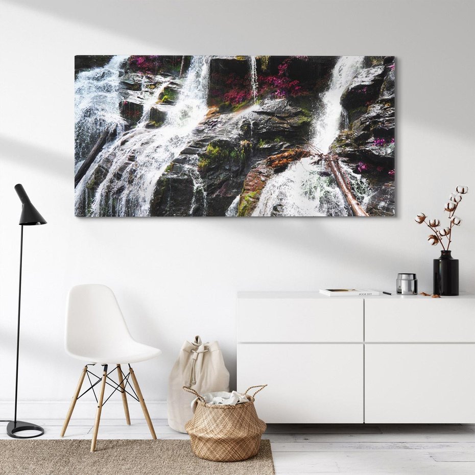 Obraz na płótnie 120x60 - Wodospad wśród majestatycznych gór - wodospad, góry