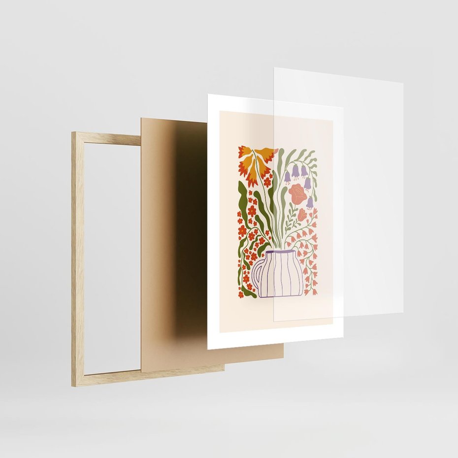Plakat w ramie 30x40 - Świeżość Kwiatów - kwiaty w wazonie, minimalistyczna kompozycja - rama drewno