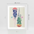 Plakat w ramie 40x50 - Morskie Pulsacje - nowoczesny optymistyczny plakat, kolorowe meduzy - rama biała