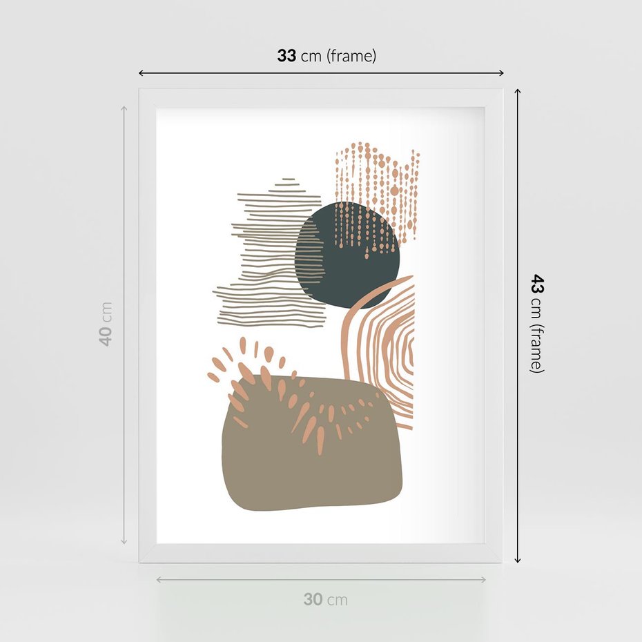 Plakat w ramie 30x40 - Taniec Plam - abstrakcyjna kompozycja z kropek kresek i kółek, odcienie brązu i beżu - rama biała