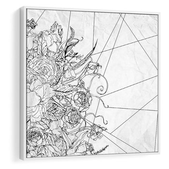 Obraz w ramie 50x50 - Refleksje w martwym punkcie - graficzny szkic, kompozycja kwiatów - rama biała