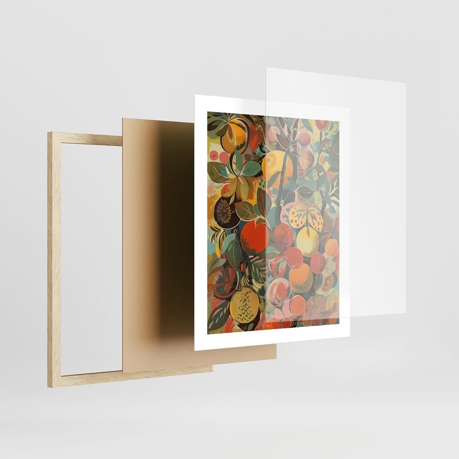 Plakat w ramie 40x50 - Księga Surrealnych Wyobrażeń - abstrakcyjny obraz owoców, jak picasso - rama drewno