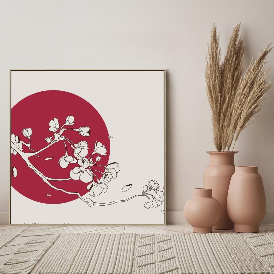 Obraz w ramie 80x80 - Esencja Zen - kwiatnąca wiśnia, orientalna grafika - rama drewno