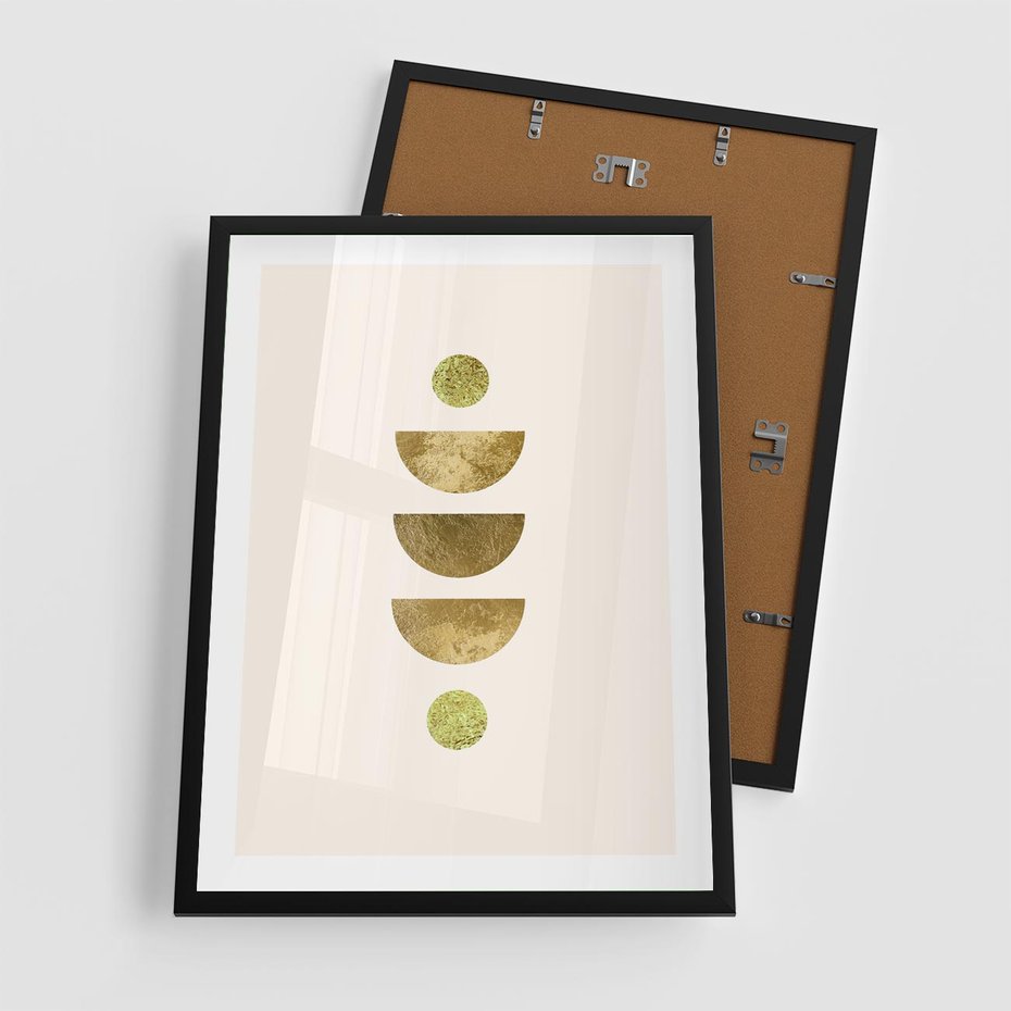 Plakat w ramie 50x70 - Harmonijne Odbicia - geometryczne złote kształty, tekstura - rama czarna