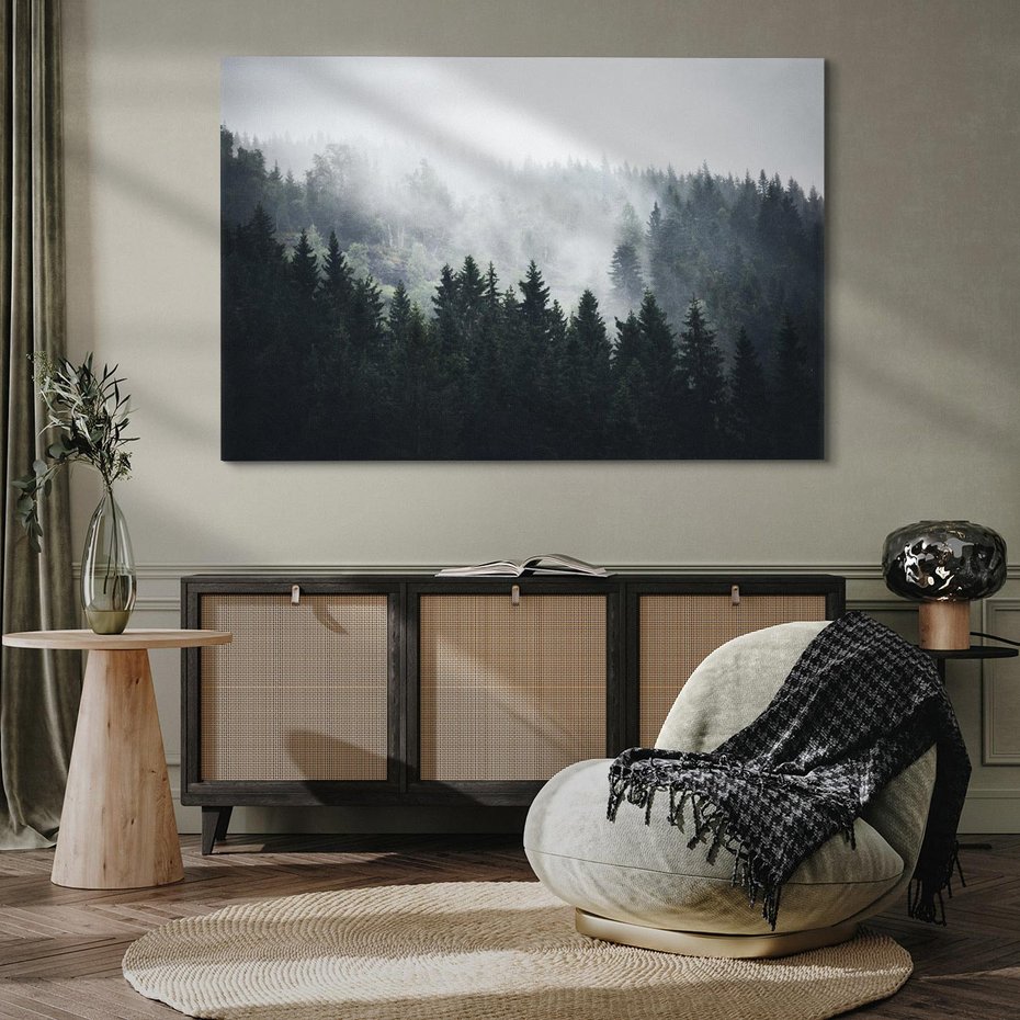 Obraz na płótnie 120x80 - Las w górach: mistyczna mgła - las, góry