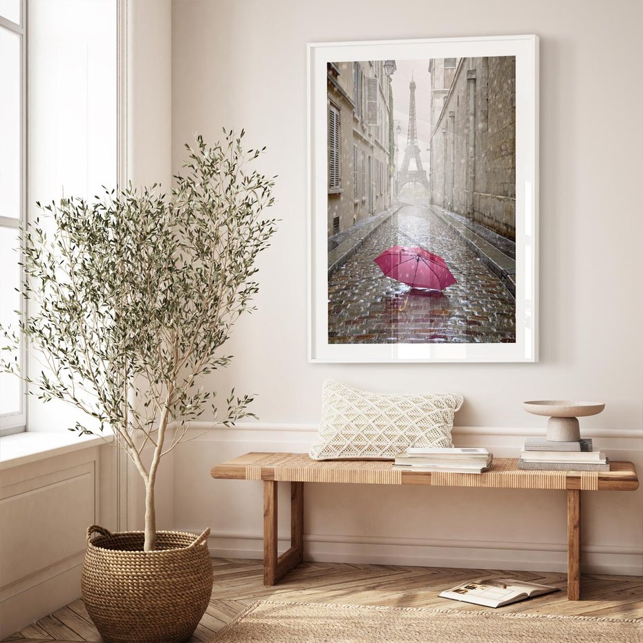 Plakat w ramie 40x50 - Francuska elegancja pod parasolem - Francja, parasol - rama biała