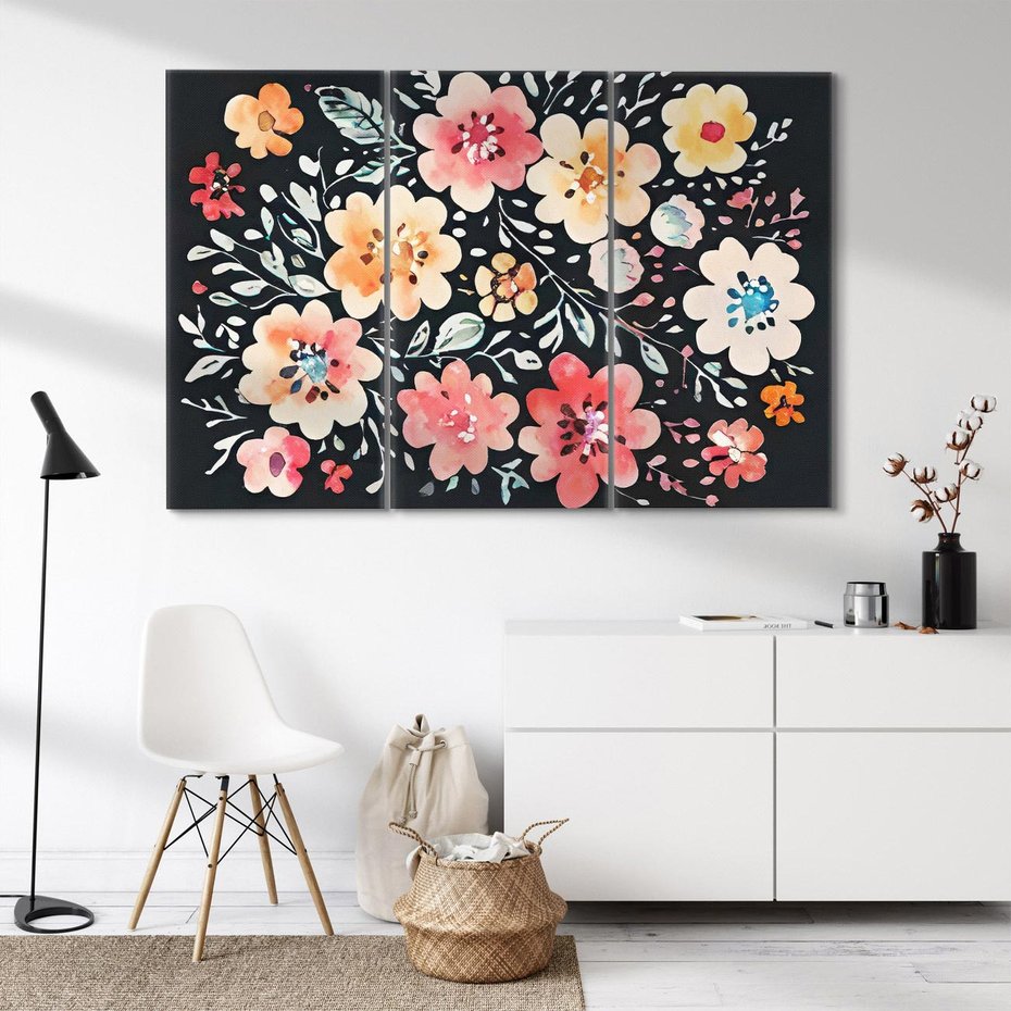 Obraz na płótnie 120x80 - Labirynty melancholii - akwarelowe, pastelowe kwiaty na czarnym tle