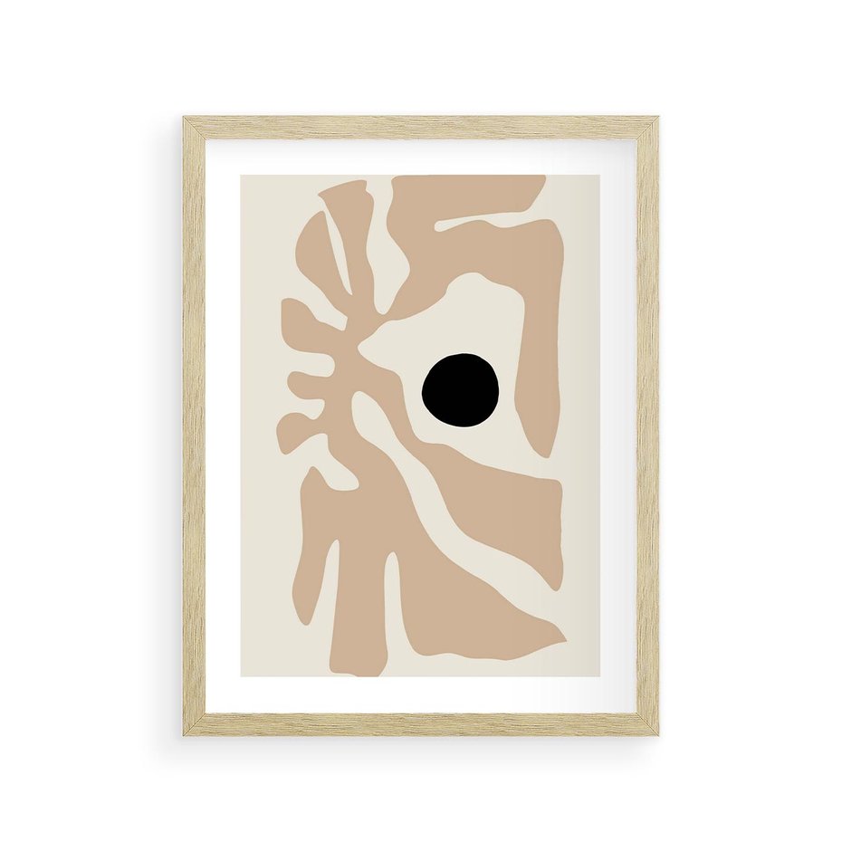 Plakat w ramie 30x40 - Eksploracja Abstrakcji - beżowa absrakcyjna kompozycja, czarny akcent - rama drewno