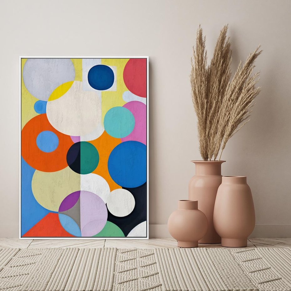 Obraz w ramie 70x100 - Tajemnicze Odbicia Czasu - abstrakcyjne geometryczne kształty, olejny obraz - rama biała