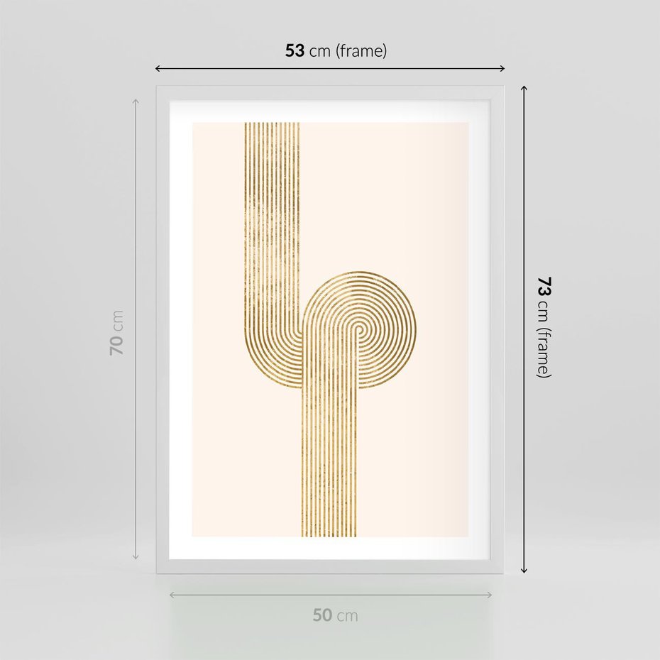Plakat w ramie 50x70 - Podróżne Kształty - geometryczne linie w złotym kolorze, minimalizm - rama biała