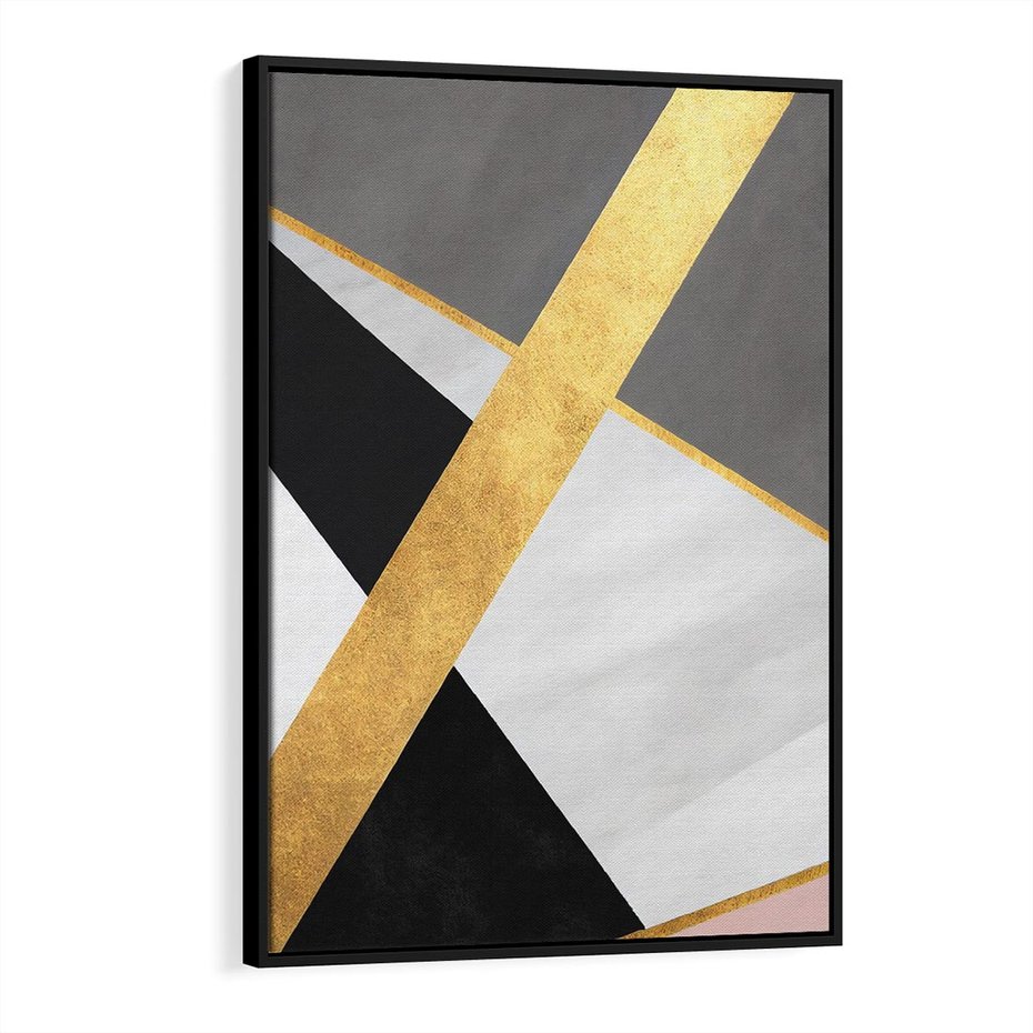 Obraz w ramie 70x100 - Pudrowe Abstrakcyjne Lustra - złote abstrakcyjne linie, szarość - rama czarna