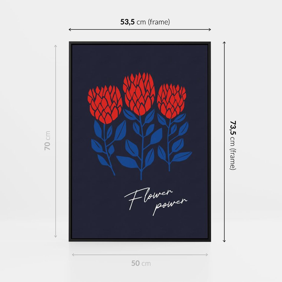 Obraz w ramie 50x70 - Podróżne Barwy - czerwone abstrakcyjne kwiaty, granatowe tło - rama czarna
