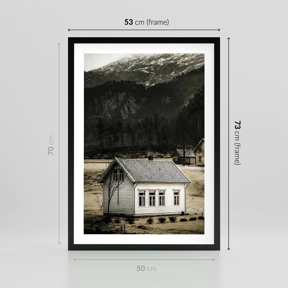Plakat w ramie 50x70 - Ciepło i Urok Górskiego Domku - domek w górach, sepia - rama czarna