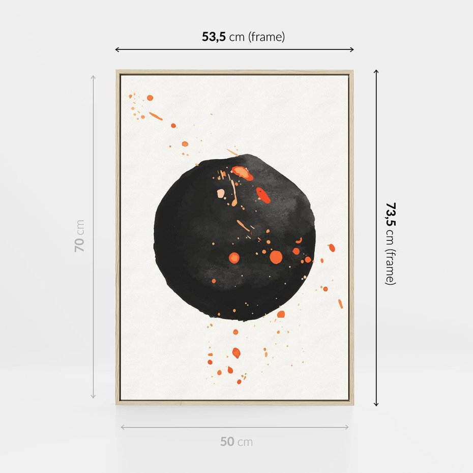 Obraz w ramie 50x70 - Wnętrza Marzeń - abstrakcyjna czarna plama, rozsiane pomarańczowe kropki - rama drewno