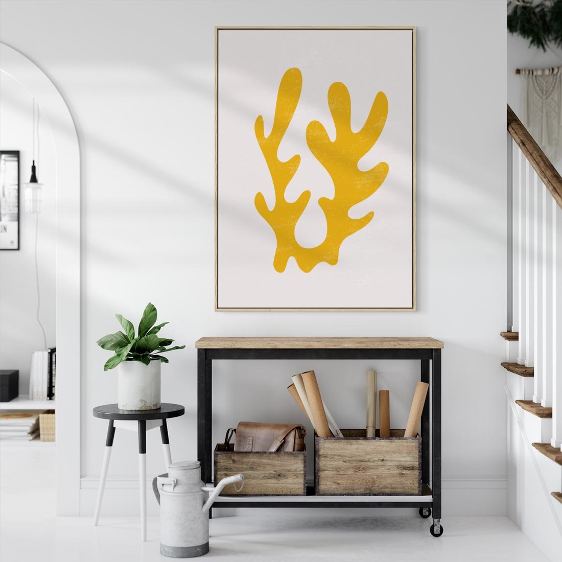 Obraz w ramie 80x120 - Abstrakcyjna Synergia - abstrakcyjna żółta forma, minimalizm - rama drewno