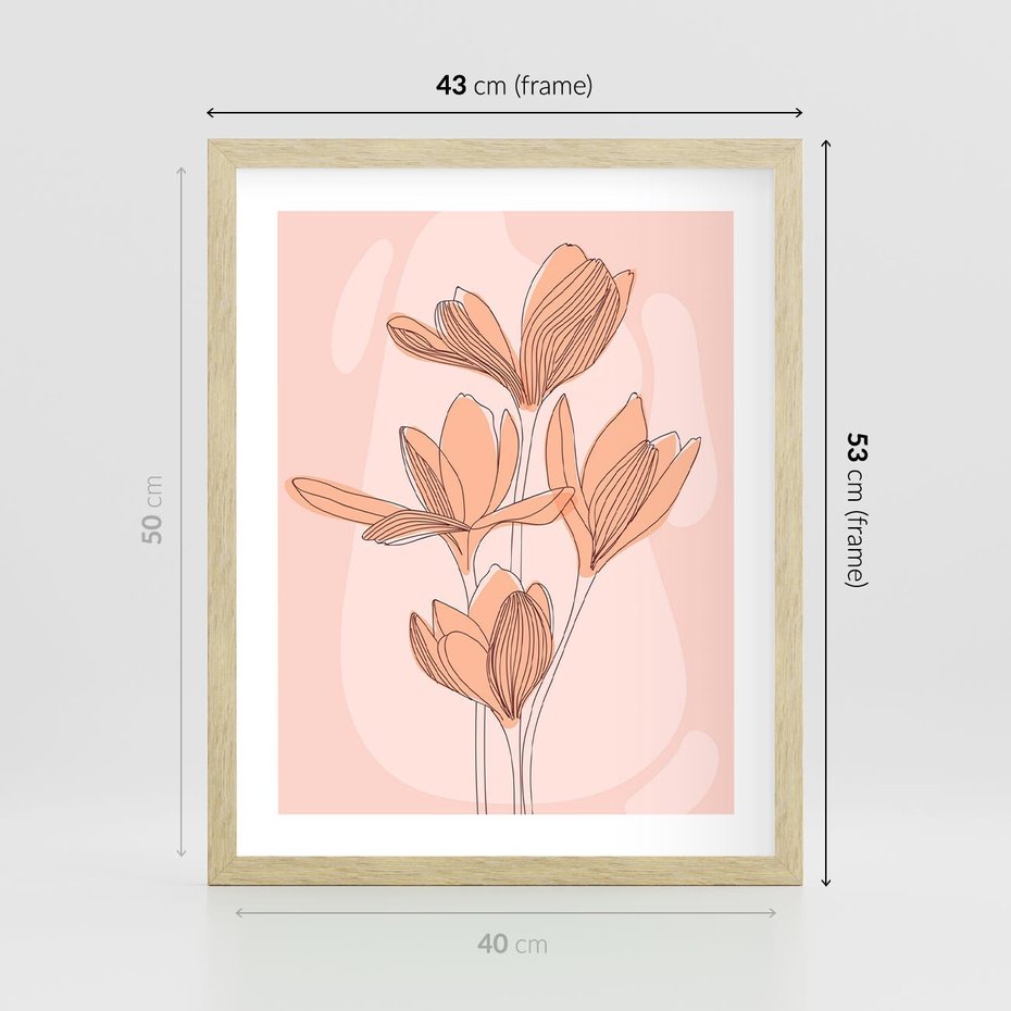 Plakat w ramie 40x50 - Przenikające Kształty - minimalistyczny plakat, pudrowe kwiaty - rama drewno