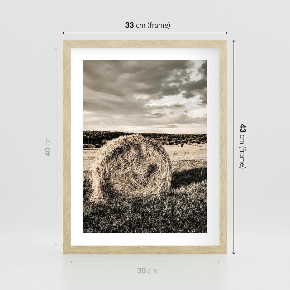 Plakat w ramie 30x40 - Ciepło Natury - snopki siana, pole - rama drewno