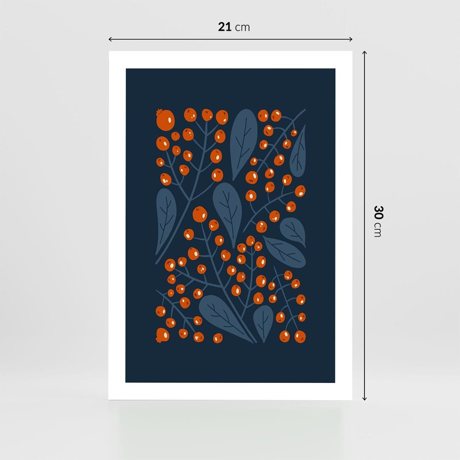 Plakat bez ramy 21x30 - Symfonia liści i owoców - granatowe tło, pomarańczowe owoce jarzębiny