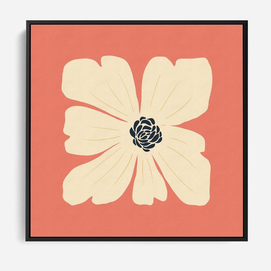 Obraz w ramie 50x50 - Malowane Kolorowe Echa - minimalistyczna grafika, biały kwiat na różowym tle - rama czarna