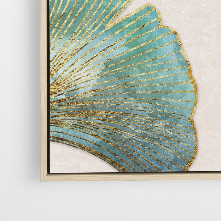 Obraz w ramie 50x50 - Złota Melodia Liści - złote, turkusowe liście miłorzębu - rama drewno