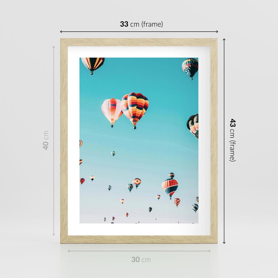 Plakat w ramie 30x40 - Balonowa Ekscytacja - balony latają w powietrzu, wyścigi balonów - rama drewno