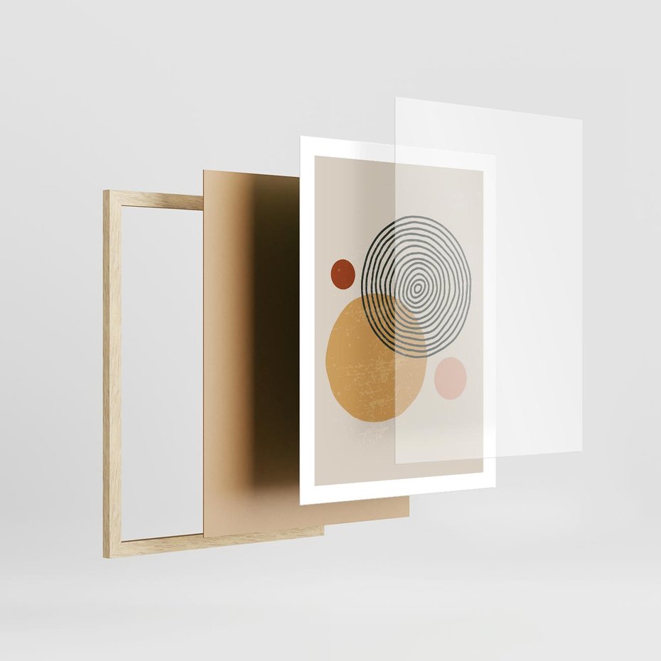 Plakat w ramie 50x70 - Boho Światło - abstrakcyjna sztuka, boho kształty - rama drewno