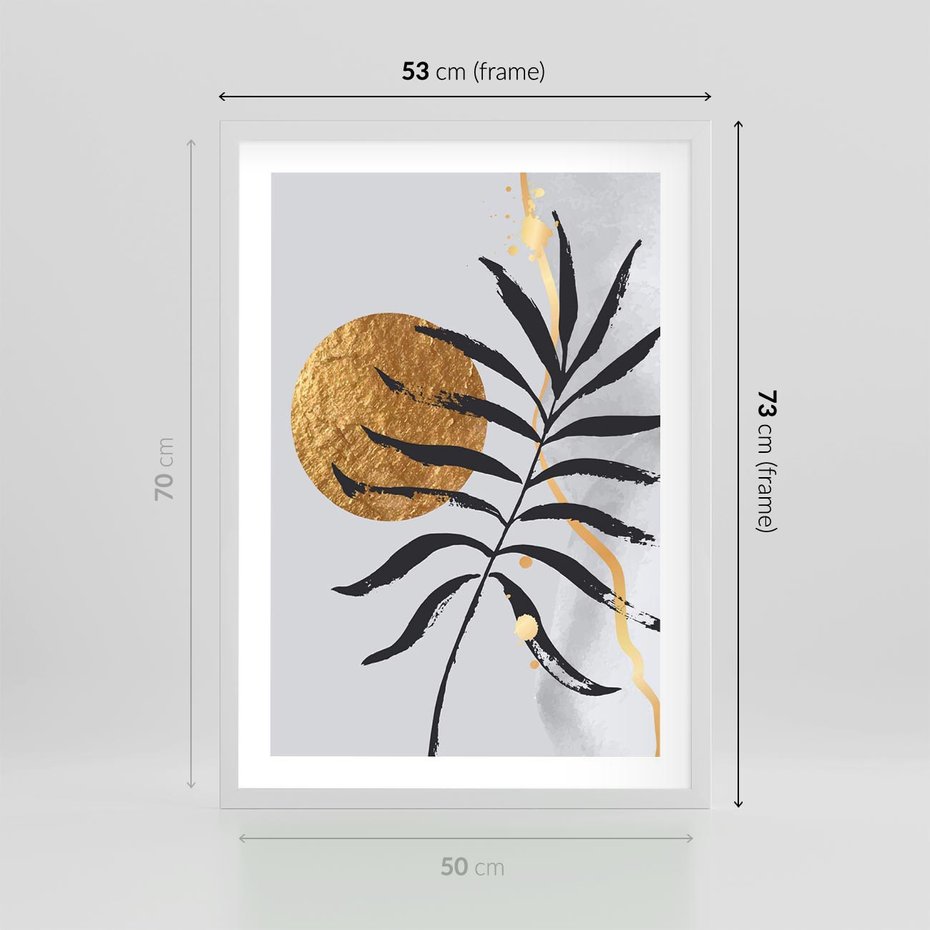 Plakat w ramie 50x70 - Grafika z Czarnym Liściem Palmy - czarny liść palmy, złóte kołó - rama biała
