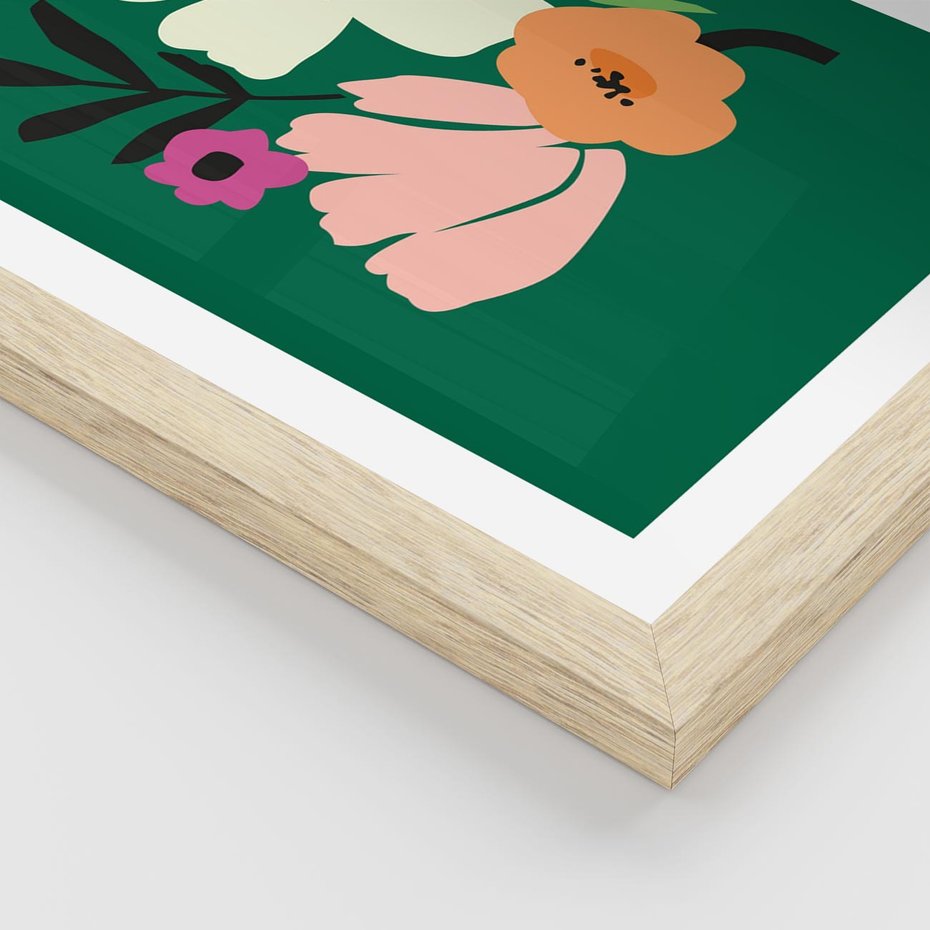 Plakat w ramie 40x50 - Rozbijające Echa - abstrakcyjne kwiaty, zielone tło - rama drewno