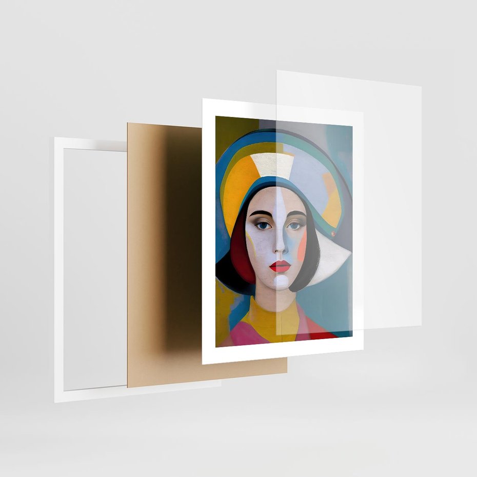 Plakat w ramie 40x50 - Kształtujące Widzenia - abstrakcyjny obraz olejny, portret twarzy kobiety - rama biała
