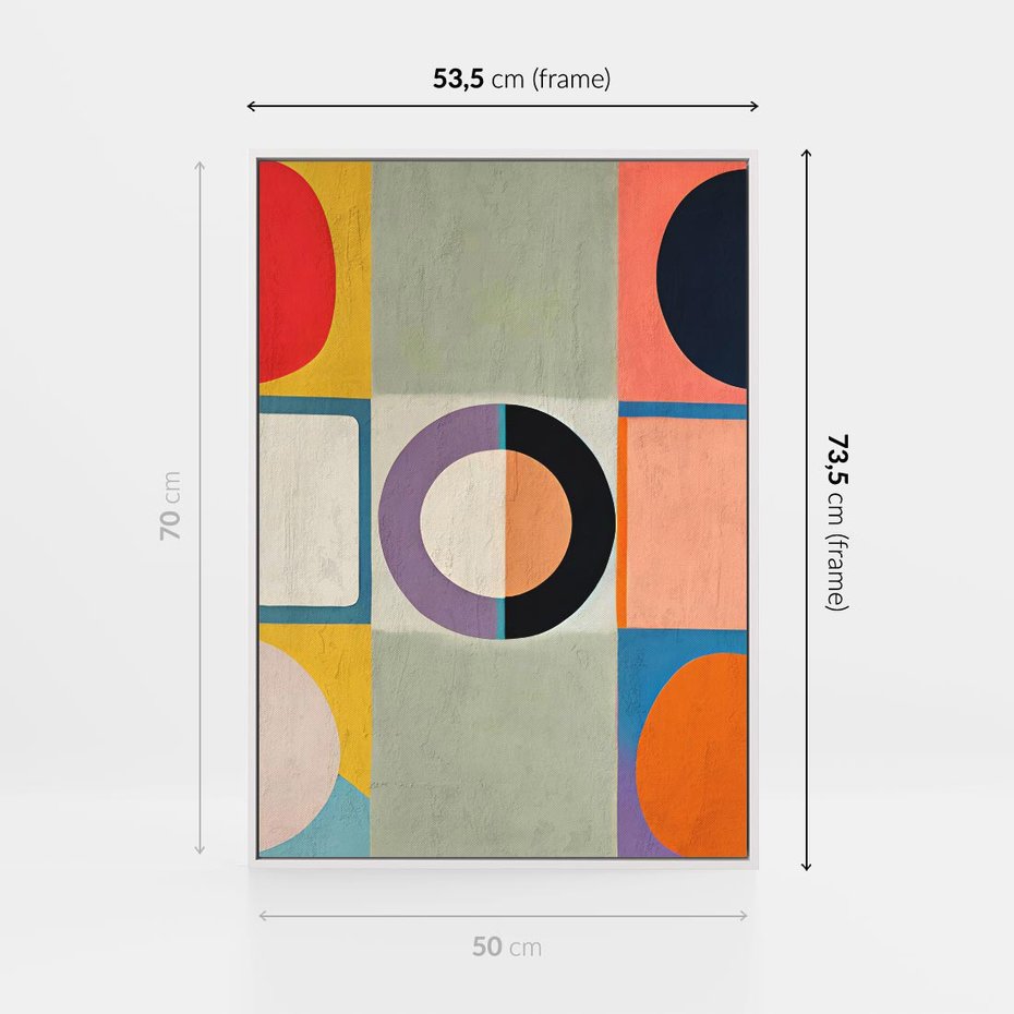 Obraz w ramie 50x70 - Taniec Kształtów Emocji - abstrakcyjne geometryczne kształty, olejny obraz - rama biała