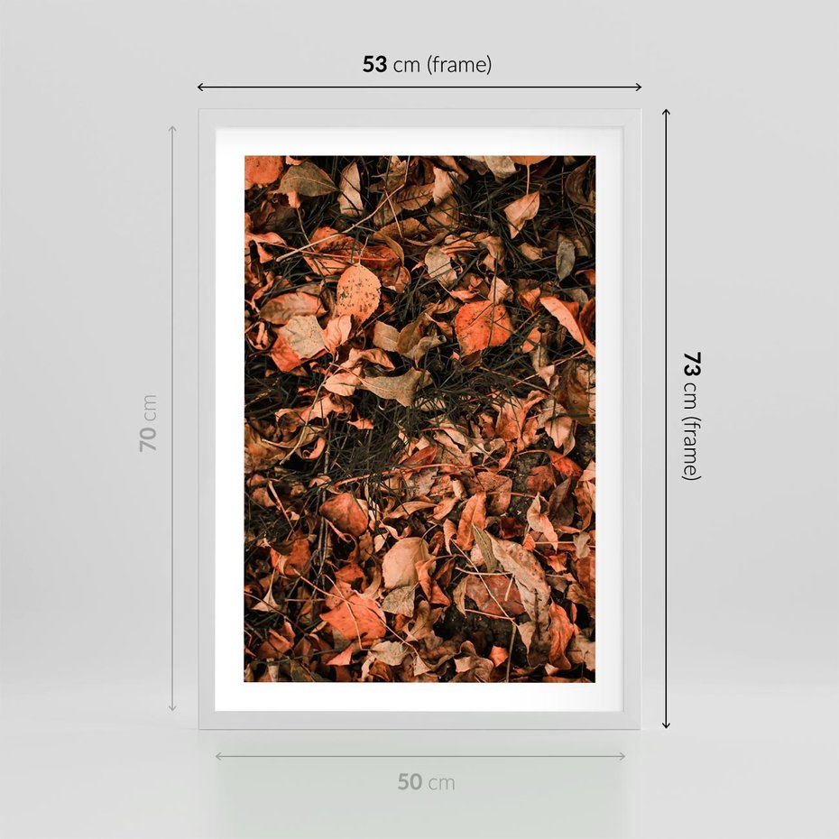 Plakat w ramie 50x70 - Jesienny Splot: Pomarańczowe Liście - liście, pomarańczowe suche liście - rama biała