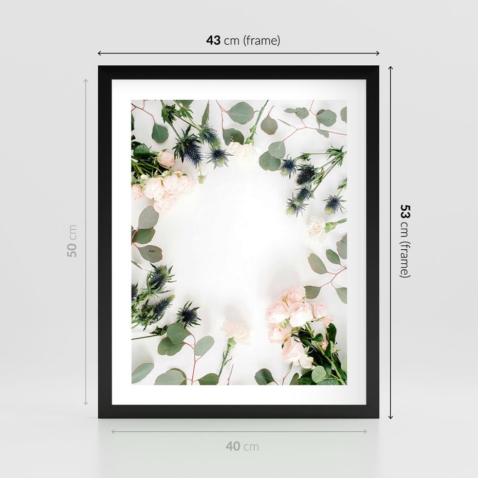 Plakat w ramie 40x50 - Róże i Zielone Liście - kompozycja kwiatowa, róże - rama czarna