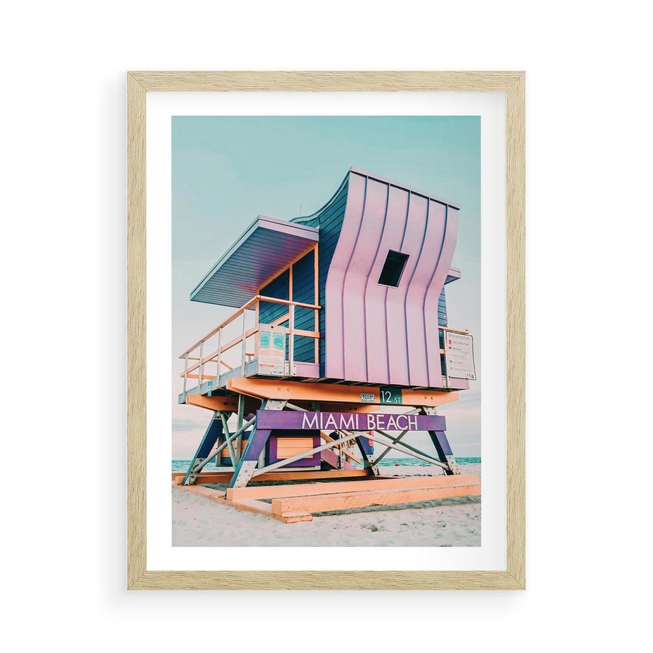 Plakat w ramie 50x70 - Miami Beach - plaża miami, domek ratownika - rama drewno
