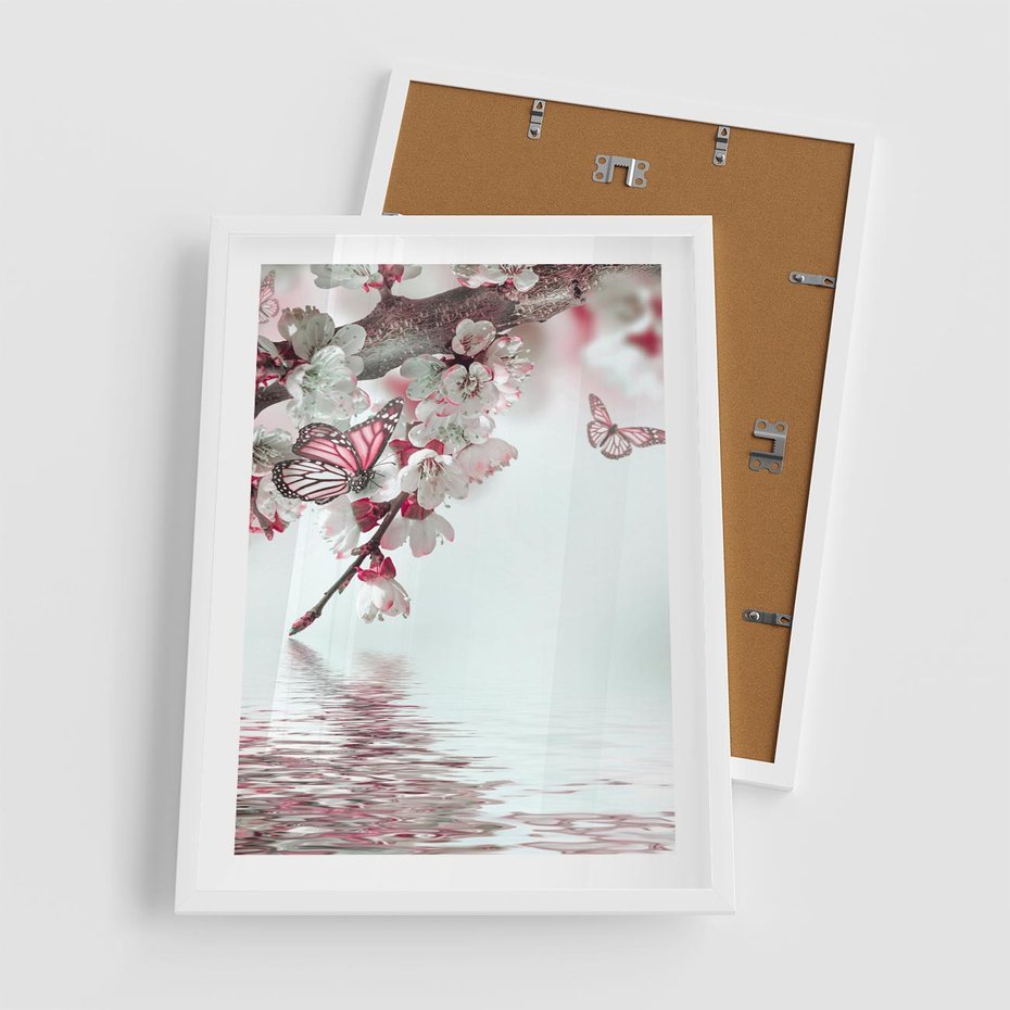 Plakat w ramie 50x70 - Kwiatowa baśń z motylami - kwiaty, motyle - rama biała