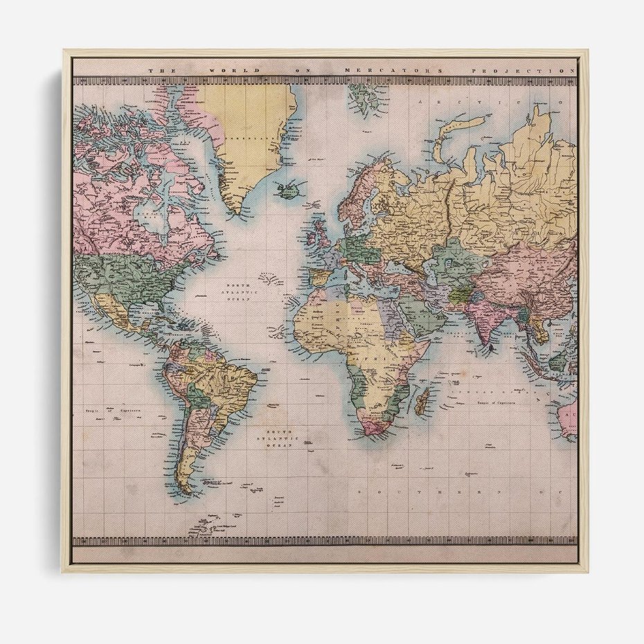 Obraz w ramie 50x50 - Światło Przeszłości - retro mapa świata, mapa - rama drewno